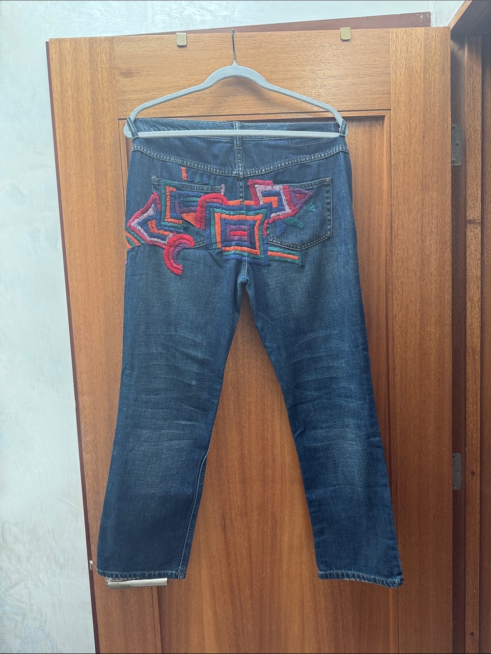Free People Dark Blue Cropped Jeans with Multicolored Embroidery
